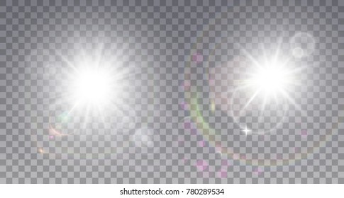 Two white sun with lens flare. Colorful realistic particles, sparkles and halo.