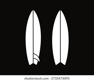 Two white surfboards on a black background, one with fins visible, representing surfing and water sports