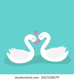 Two white swan birds floating in the water. Bird love couple set. Happy Valentines day. Pink heart. Cute cartoon kawaii funny baby character. Love card. Flat design. Blue background. Vector