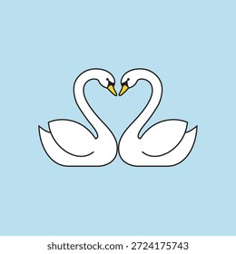 Two white swans facing each other forming a heart shape with their necks vector illustration icon in flat cartoon style