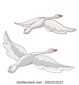 two white swans fly away into the distance, cartoon illustration, isolated object on white background, vector, eps