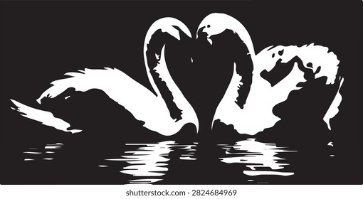 Two white swans forming heart with necks - romantic black and white swan couple with water reflection