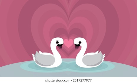 Dois cisnes brancos no amor flutuam no fundo de corações, conceito de amor devotado, fundo romântico de corações cor-de-rosa com pássaros elegantes no amor