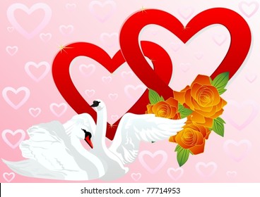 Two white swans on a background of two hearts and a bouquet of red roses.