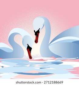 Dos cisnes blancos con salpicaduras de agua en el lago, fondo rosa, dibujo de Vector
