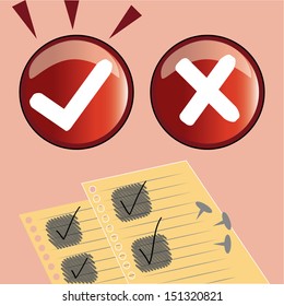 two white symbols of check and wrong near a yellow paper