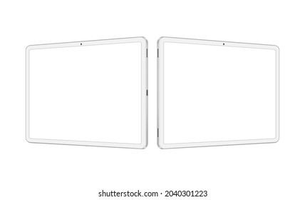 Two White Tablet Computers Mockups With Horizontal Blank Screens, Side View, Isolated On White Background. Vector Illustration