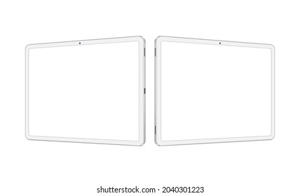 Dos equipos de Tablet PC blancos con pantallas horizontales en blanco, vista lateral, aislados en fondo blanco. Ilustración vectorial