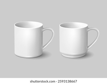 Two white Tea cup mockup, coffee mug mockup template. Vector realistic ceramic coffee mugs for corporate branding or advertising