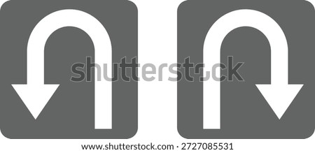 Two white u-turn arrows pointing down inside grey rounded square direction symbol