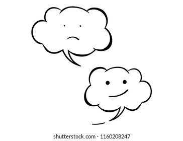 Two white vector emotional icon isolated. Sad and cheerful clouds smile. Comic and cartoon style