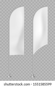 Two White Vertical Promo Flags Isolated On Transparent Background. 3d Vector Realistic. Mockup Advertising. Bent Flags On Stand Steel Pole. Textiles, PVC, Vinyl, Banner. EPS 10.