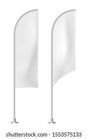 Two White Vertical Promo Flags. 3d Vector Realistic. Mockup Advertising. Bent Flags On Stand Steel Pole. Winder Flags For Brand Promotion. Textiles, PVC, Vinyl, Nylon, Banner. EPS 10.