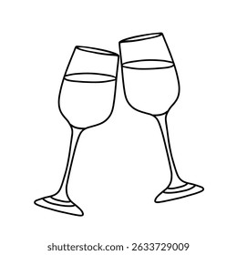 Two white wine glasses. Vector hand drawn illustration in doodle style. Alcohol beverage glassware. For Bar menu, logo, cards or poster design.