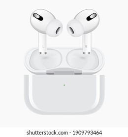 two white wireless headphones and a case