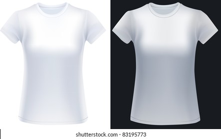 Two white woman t-shirts in white and black background, design template.