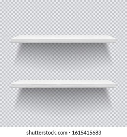 Two white wooden shelves. Template for your projects. Vector illustration on transparent background