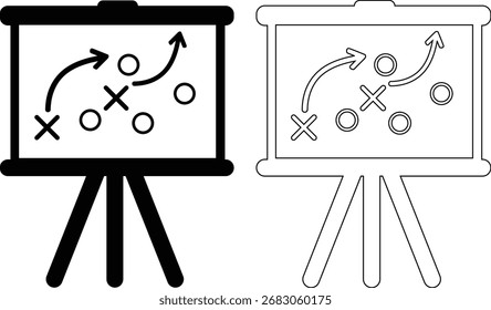 Two whiteboard diagrams illustrating a game strategy, one solid silhouette and one outline.