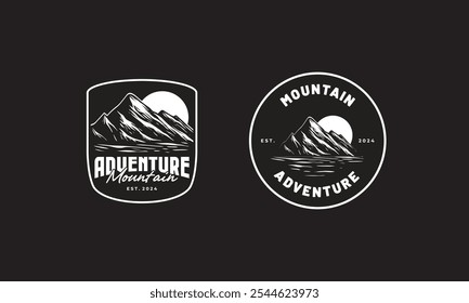 Dos diseños de logo blanco sobre negro con picos de montaña y un sol o luna sobre un fondo oscuro.