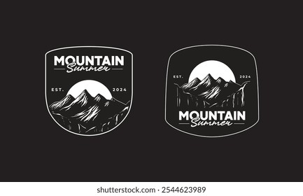 Dos diseños de logo blanco sobre negro con picos de montaña y un sol o luna sobre un fondo oscuro.