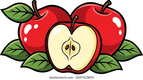 Zwei ganze Äpfel und ein in Scheiben geschnittener Apfel mit grünen Blättern