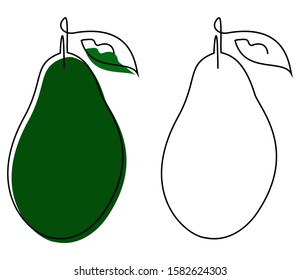 Two whole avocados with a leaf drawn in one solid line with and without colored substrates on a white background. Vector.