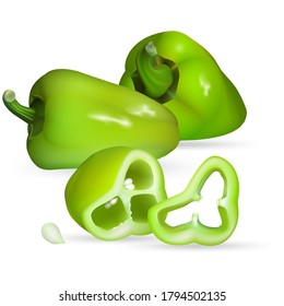 Two whole bell peppers in different angles and cross pieces.