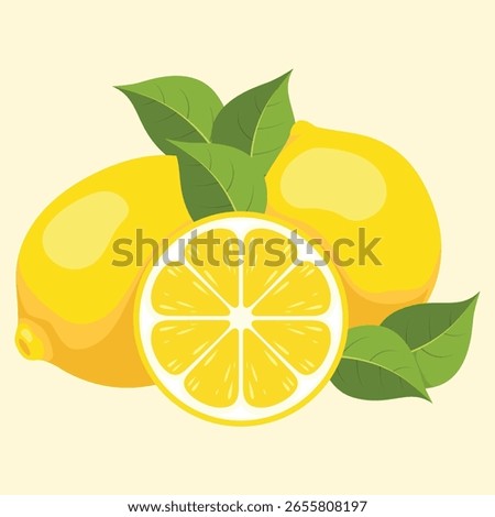 Two whole lemons and one sliced lemon, surrounded by green leaves, are depicted in a vibrant, stylized illustration.