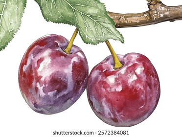 Two whole plum on branch with leaves . Hand drawn watercolor illustration vector painting on white background.