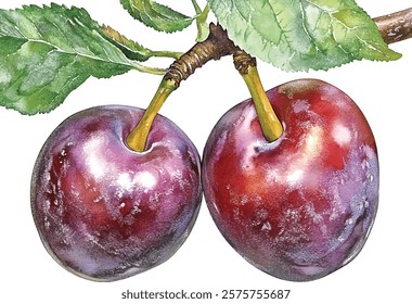 Two whole plum on branch with leaves . Hand drawn watercolor illustration vector painting on white background.
