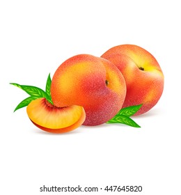 Two whole ripe peach fruit with slice and leaves isolated on white background. Realistic vector illustration.