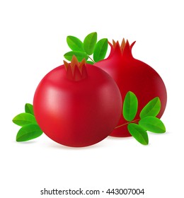 Two whole ripe pomegranate fruit with leaves isolated on white background. Realistic vector illustration.