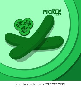 Two whole and sliced ​​cucumbers, with bold text on a green circle background to celebrate National Pickle Day on November 14