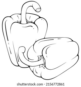 Two whole standing and lying on its side paprika pepper. Vector illustrations in hand drawn sketch doodle style. Line art botanical food isolated. Close up vegetable. Element for coloring book, design