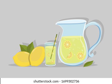 Two whole yellow lemons with green leaf. Lemon juice. Glass of lemon cocktail with straw and a jug. Vector illustration isolated on white background