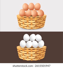 Two wicker baskets filled with eggs, one with brown eggs on a light background and one with white eggs on a dark background. Clean, simple, and contrasting food illustration.