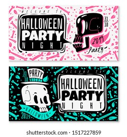 Two wide horizontal banners white and black with disproportionately skulls cartoon style invitation to Halloween party