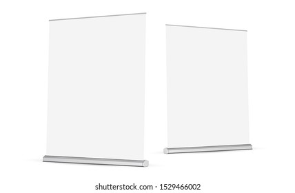 Two wide roll-up banners mockups isolated on white background. Vector illustration