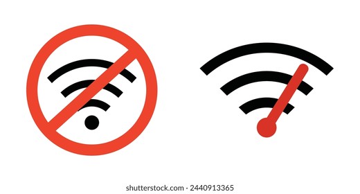 Two wifi symbols. Fast internet connection, public network. Place without wi-fi. Simple signs or wi-fi icons. Wireless internet access. High quality signal. Flat vector illustration