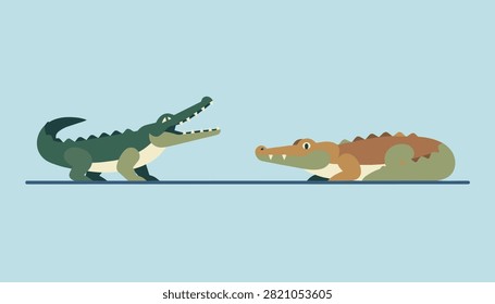 Two wild crocodiles facing each other, one dark green with open mouth and one brown sitting peacefully.