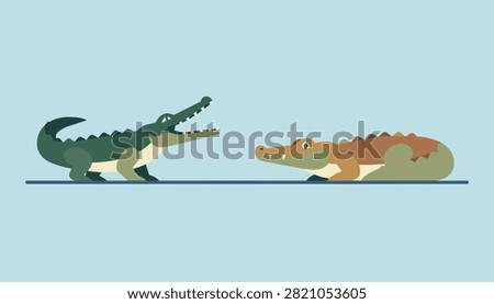 Two wild crocodiles facing each other, one dark green with open mouth and one brown sitting peacefully.