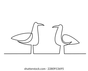 Two wild seagulls standing on beach. Continuous One single line drawing. Cute bird concept. Design graphic illustration vector.