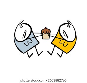 Two wild women are fighting over a cake. Vector illustration of a girl on a diet, arguing and pulling dessert. Cartoon isolated stickman on white background.