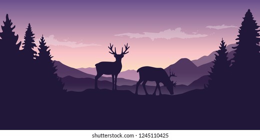 two wildlife reindeers on purple mountain and forest landscape vector illustration EPS10