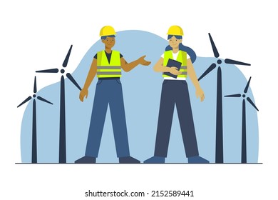 two wind turbine workers in hard hats renewable energy concept illustration