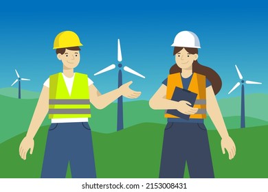 two wind turbine workers in hard hats near windmills renewable energy concept illustration 