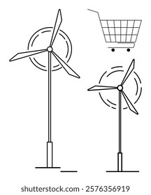 Two wind turbines with rotating blades and a shopping cart symbol above. Ideal for renewable energy, sustainability, eco-friendly shopping, environmental conservation, and green technology. Simple