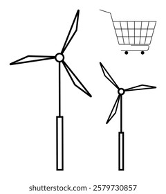 Two wind turbines and a shopping cart. Ideal for clean energy, sustainability, consumerism, environmental awareness, green technology. Simple line art style