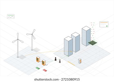 Dos turbinas eólicas están junto a un grupo de edificios altos donde la gente interactúa. Los datos fluyen entre estructuras, mostrando una configuración de energía renovable. Varios puntos de información son visibles.