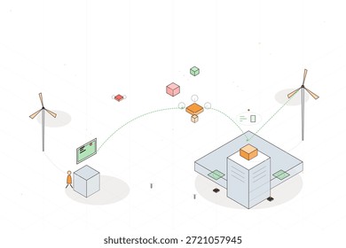 Duas turbinas eólicas ficam à esquerda enquanto uma pessoa interage com uma caixa no chão. Um prédio no centro mostra o fluxo de energia conectando-se às turbinas e à caixa.